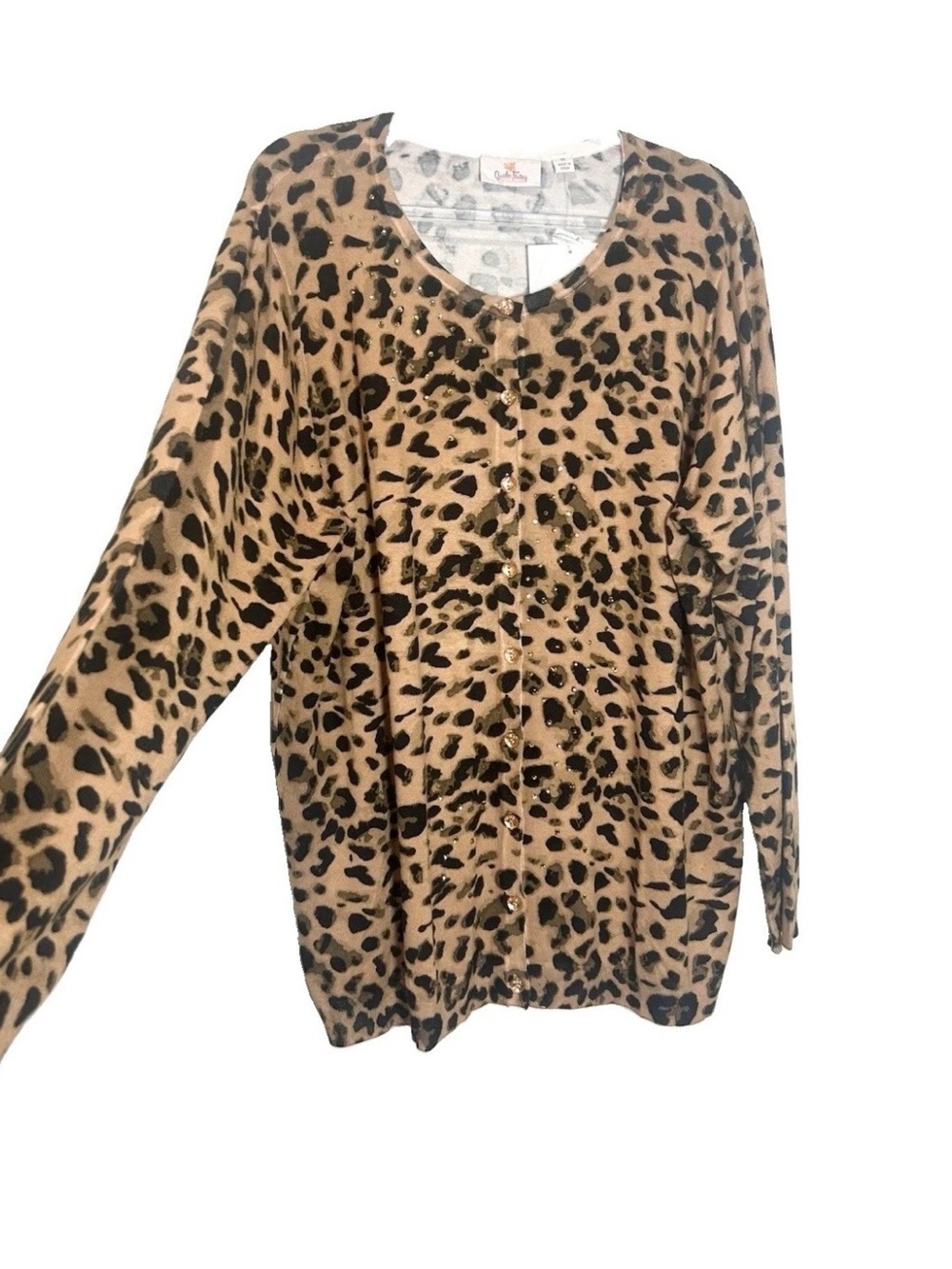 NEW Quacker Factory Leopard Print Cardigan Sweater Womens 1X Button Front Beaded